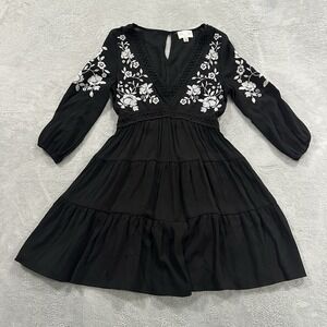 Jun & Ivy Midi Dress Women XS Black White Fit Flare Floral Long Sleeve Boho